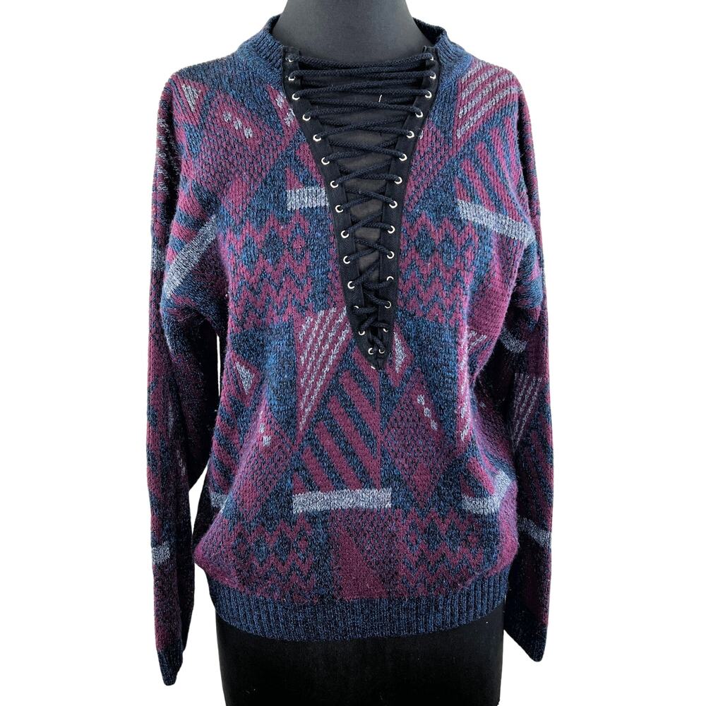 Furst of a Kind Purple Blue Abstract Geo Lace-Up Sweater Long Sleeve Top L XL